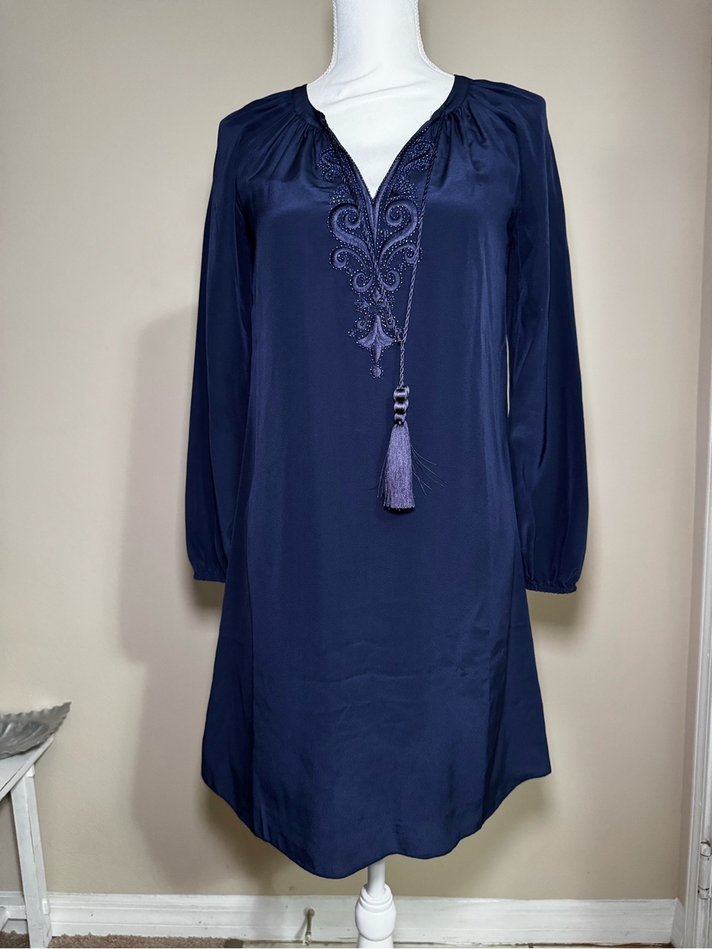 Lilly Pulitzer Navy Embroidered Tassel Long-Sleeve Dress